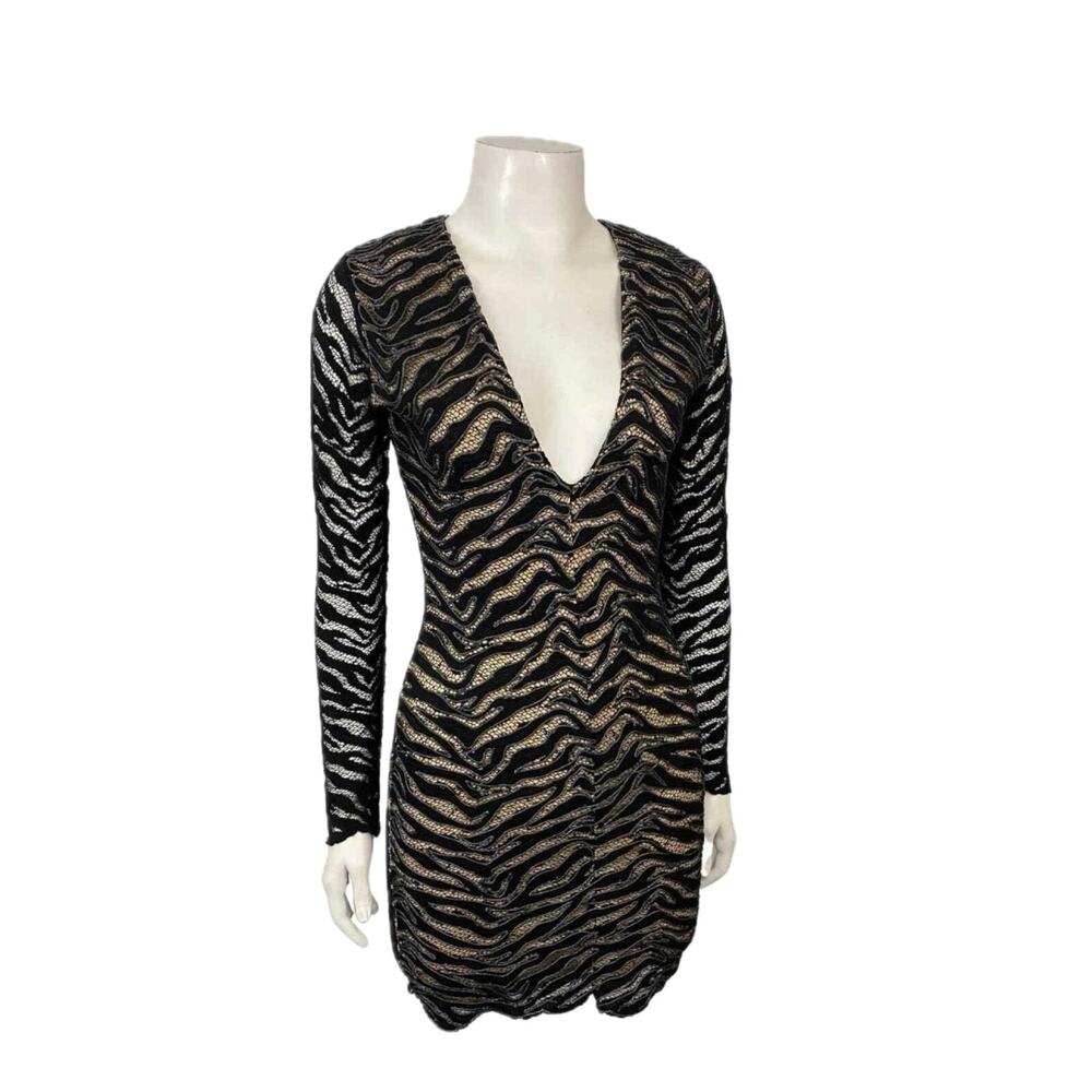Vintage HOLT Lace Bodycon Mini Dress XS Zebra Mesh Deep V Made in Miami -